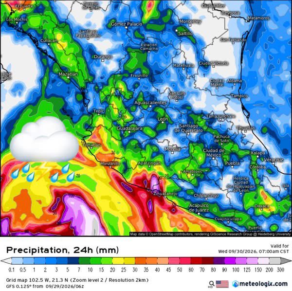 InfoMeteoro's tweet photo. ⚠️PRONÓSTICO MARTES 29/SEP/2026

🚨“Inicia #TemporalLluvioso: hoy se esperan tormentas fuertes en el noroeste, occidente, sureste y Pacífico sur. Próximos días mayor extensión…”

⛈️LLUVIAS/TORMENTA C/GRANIZO⬇️

🔴EVENTOS MÁS INTENSOS🔴
-Son, Sin, Coah, Nay, Zac, Col, Jal, Mich, Gro, Oax, Chis, Camp, Yuc, QRoo

🟡EVENTOS AISLADOS FUERTES
-Chih, BCS, Dgo, NL, Tamps, Nay, Ags, SLP, Gto, Qro, Hgo, EdoMex, CDMX, Mor, Pue, Tlax, Ver, Tab

🌡️AMBIENTE DIURNO☀️
🥵36-40ºC noreste, sureste
😅30-35ºC noroeste, norte, oriente, Pacífico
😅20-30ºC Occidente, Altiplano (Bajío-Valle de Méx)

⚠️🌬️RÁFAGAS DE VIENTO km/h
35-60 en el norte, noreste, centro y zonas de tormenta, sin descartar mayores