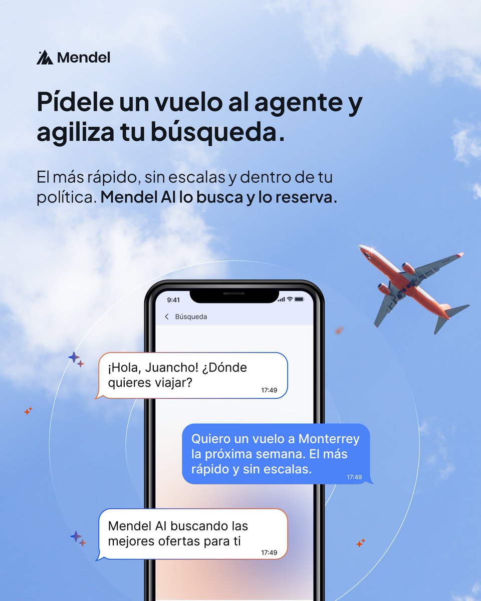 somosmendel's tweet photo. Reservar un viaje corporativo solía ser comparar pestañas, revisar la política y esperar aprobaciones. 

Ahora es una conversación: le dices al agente de Mendel AI qué necesitas y él busca, filtra dentro de tu política y reserva ✈️. https://t.co/K38qeZXz1W
