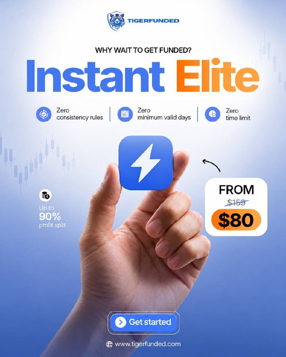 tigerfunded's tweet photo. Why wait to get funded when you can go Instant Elite? 

Get funded instantly with:
✅ Zero consistency rules
✅ Zero minimum valid days
✅ Zero time limit
✅ Up to 90% profit split

And now starting from just $80.

Ready to trade? 🔥
👉 Get started: https://t.co/Y7y1r03oin

#TigerFunded #InstantElite #PropTrading #FundedTrader