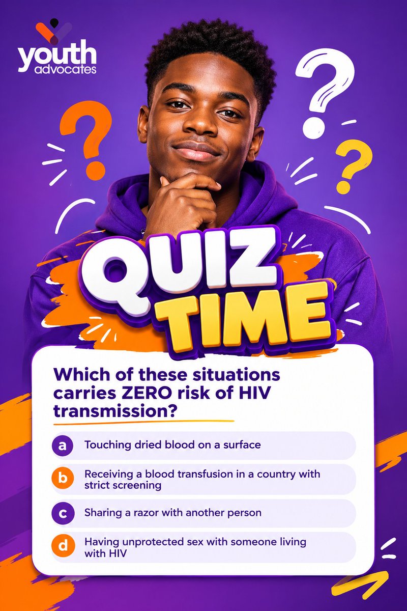 yadvocates_hub's tweet photo. 🧠 QUIZ TIME!
Which of these situations carries ZERO risk of HIV transmission?
A, B, C or D? Drop your answer in the comments! 👇
#QuizTime #HIVAwareness #KnowYourStatus #YouthAdvocates #393MyVoice #SRHR #KnowTheFacts https://t.co/R3yaVpe6gq