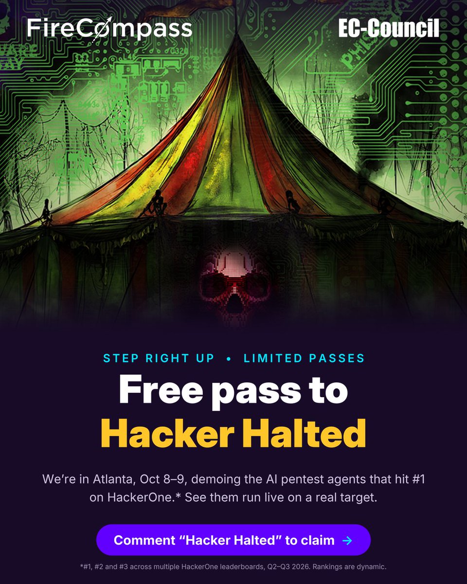 FireCompass's tweet photo. Want a complimentary pass to #HackerHalted in Atlanta? 

@FireCompass  will be there Oct 8–9 demoing our AI #pentesting #agents (ranked #1 on #HackerOne).

Comment or DM us: • "Hacker Halted" for a #pass • "Global CISO Forum" for forum access

See you in #Atlanta https://t.co/t7t7rqabcy