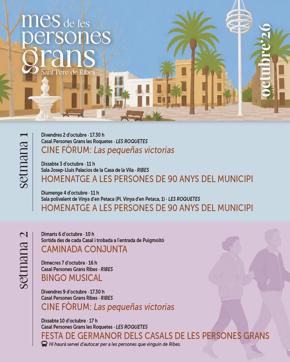 santperederibes's tweet photo. 👵👴 TORNA AQUEST OCTUBRE EL MES DE LES PERSONES GRANS!
🗓️ Del 2 al 30 d’octubre
ℹ️ Inscripcions gratuïtes als Casals de Ribes i les Roquetes.
🎤🎭 Hi haurà espectacles, cinema, bingo musical, classes, teatre i festes! 🎬🎉
🖱️ https://t.co/WMP5NWtCFk
#MesPersonesGrans
#SPRibes https://t.co/i1heXAD0Mn