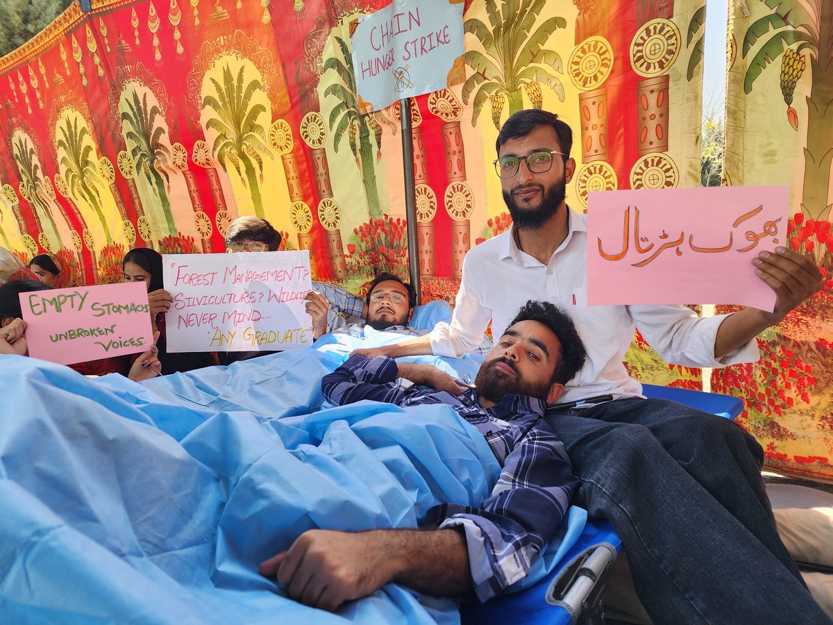 JKFSA_'s tweet photo. A Saddening Day

Today, as the chain hunger strike commenced, the students waited for an official delegation to come forward and engage with them. Yet, the day passed without any official representative meeting the students.

After nine days of a peaceful protest, this silence has been deeply disheartening for the student community. For students who have devoted years to their education and future, the absence of engagement today has left many feeling that their lives, struggles and aspirations are being given little regard.

Despite the disappointment, the students are committed to remain peaceful, united and determined to pursue a formal resolution through lawful means.
 
@OmarAbdullah @dcganderbal @PCCFANDHOFF_JK @sakinaitoo @JatinKishore7 @JavedRanaa @Sunil_SharmaBJP @ANI @GreaterKashmir @RisingKashmir @GulistanNewsTV @Gbl_Police @javeddar786 @JKNC_ @jkpdp
@INCIndia @BJP4JnK @ABPNews
@IndiaToday @parawahid
@IltijaMufti 
#Day9 #ChainHungerStrike #ForestryStudents #ForesterRecruitment #ForestryHasAPlace