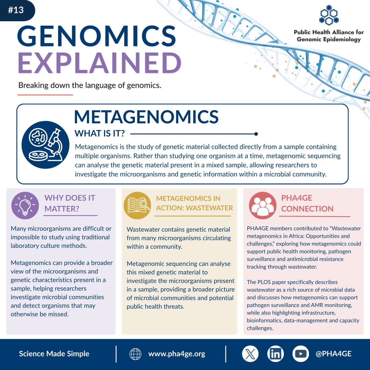 pha4ge's tweet photo. 🧬 Last time, #GenomicsExplained explored AMR. This week, we’re widening the lens with metagenomics — studying genetic material from multiple organisms within a sample.

Explore wastewater metagenomics in Africa: https://t.co/Mc0R7Alad0

#PHA4GE #Metagenomics https://t.co/e9oRNQSPZ0