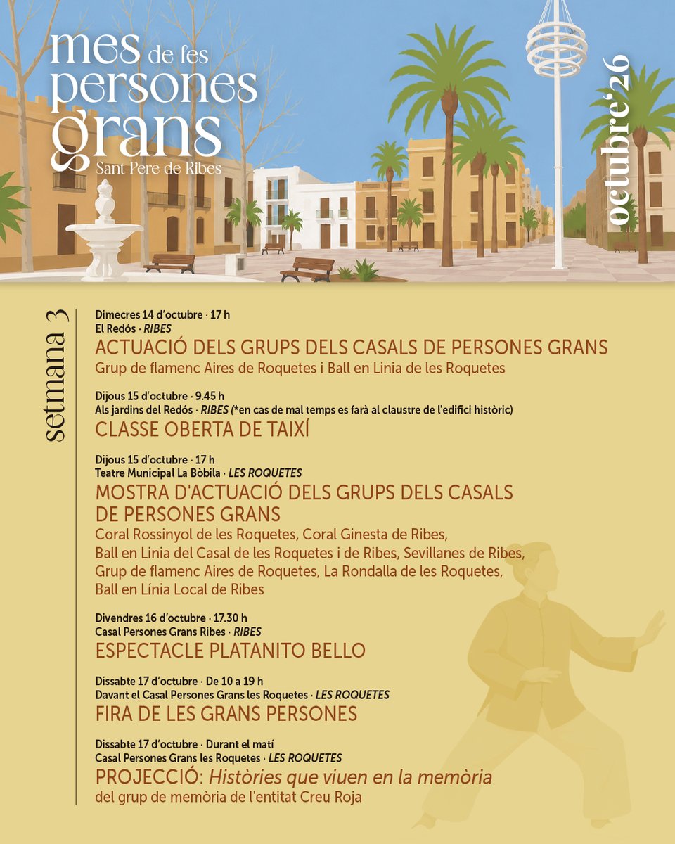 santperederibes's tweet photo. 👵👴 TORNA AQUEST OCTUBRE EL MES DE LES PERSONES GRANS!
🗓️ Del 2 al 30 d’octubre
ℹ️ Inscripcions gratuïtes als Casals de Ribes i les Roquetes.
🎤🎭 Hi haurà espectacles, cinema, bingo musical, classes, teatre i festes! 🎬🎉
🖱️ https://t.co/WMP5NWtCFk
#MesPersonesGrans
#SPRibes https://t.co/i1heXAD0Mn