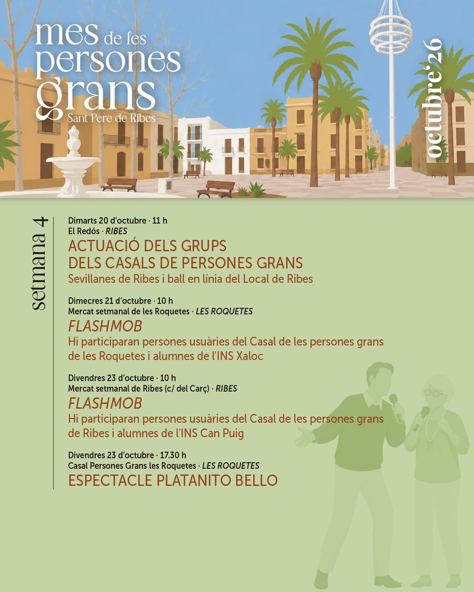 santperederibes's tweet photo. 👵👴 TORNA AQUEST OCTUBRE EL MES DE LES PERSONES GRANS!
🗓️ Del 2 al 30 d’octubre
ℹ️ Inscripcions gratuïtes als Casals de Ribes i les Roquetes.
🎤🎭 Hi haurà espectacles, cinema, bingo musical, classes, teatre i festes! 🎬🎉
🖱️ https://t.co/WMP5NWtCFk
#MesPersonesGrans
#SPRibes https://t.co/i1heXAD0Mn