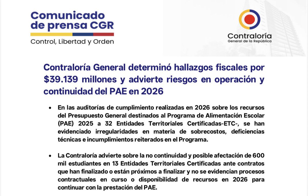 CGR_Colombia's tweet photo. Auditamos los recursos del Programa de Alimentación Escolar (#PAE) ejecutados en 2025 en 32 entidades territoriales certificadas. Determinamos 41 hallazgos con incidencia fiscal por $39.139 millones, relacionados con fallas en los contratos, sobrecostos y pagos superiores a los debidos. 

Son recursos destinados a alimentar a niñas, niños y adolescentes.

📲Comunicado de prensa👉🏼 https://t.co/8xKs3D893k