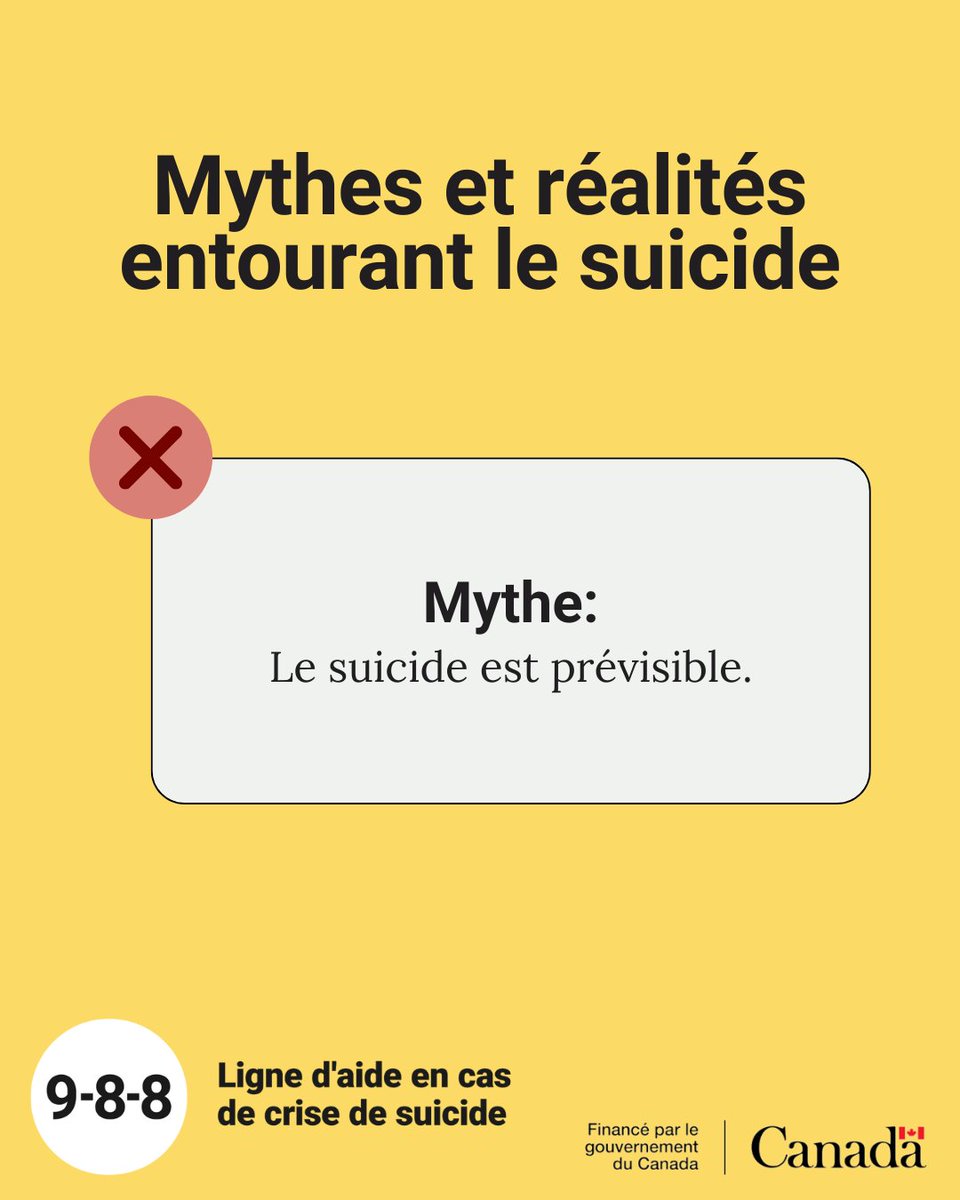 988Canada's tweet photo. Lorsqu’on dissipe les mythes entourant le suicide, on peut contribuer à lever les obstacles qui empêchent les gens de demander de l’aide. Voici un mythe courant concernant le suicide et les faits que vous devez connaître. En savoir plus: https://t.co/hNP8lk2WtS #988Canada https://t.co/siJ4hxt4NV