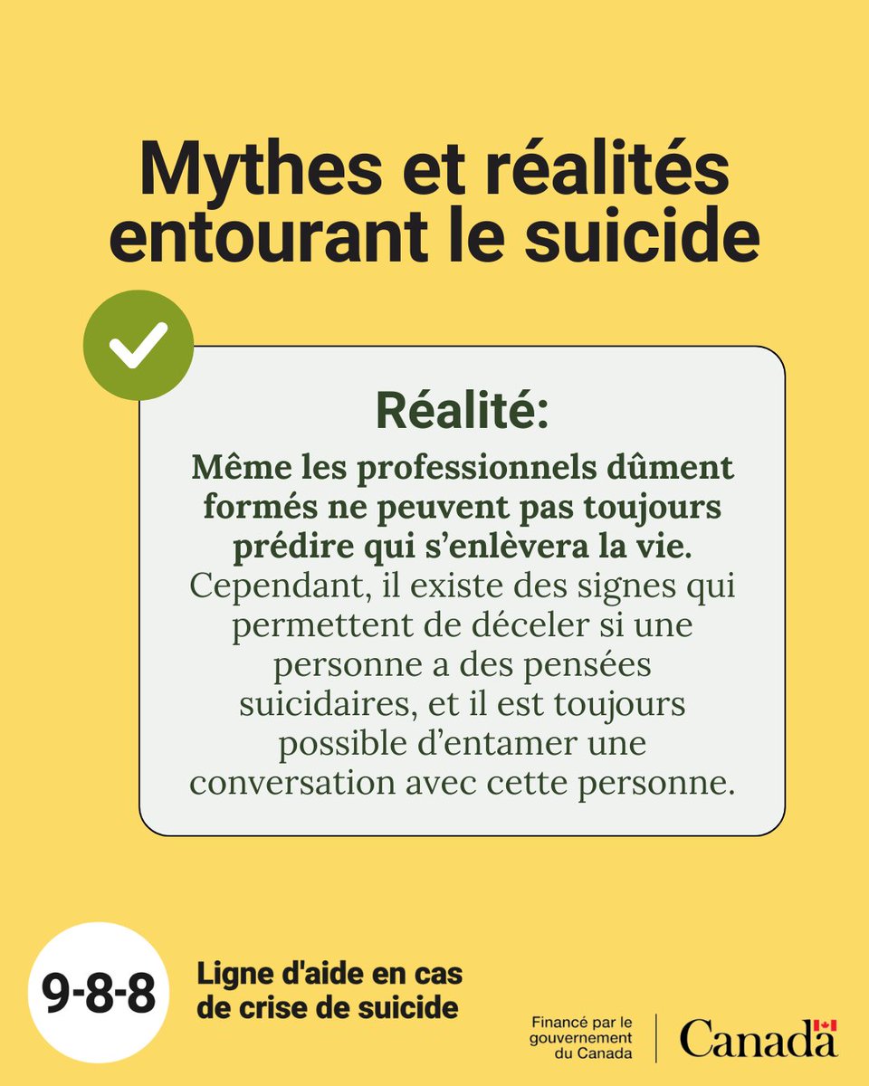 988Canada's tweet photo. Lorsqu’on dissipe les mythes entourant le suicide, on peut contribuer à lever les obstacles qui empêchent les gens de demander de l’aide. Voici un mythe courant concernant le suicide et les faits que vous devez connaître. En savoir plus: https://t.co/hNP8lk2WtS #988Canada https://t.co/siJ4hxt4NV