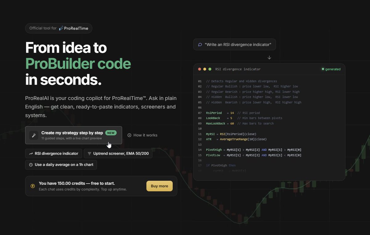 ProRealCode's tweet photo. Building a ProRealTime strategy used to start with a blank ProBuilder editor.

Not anymore: meet the ProRealAI Strategy Builder 🧭 11 guided steps → complete, commented ProOrder code, ready to backtest.
👉 https://t.co/Ro1SC2EXSR https://t.co/sT7X6MKMTu