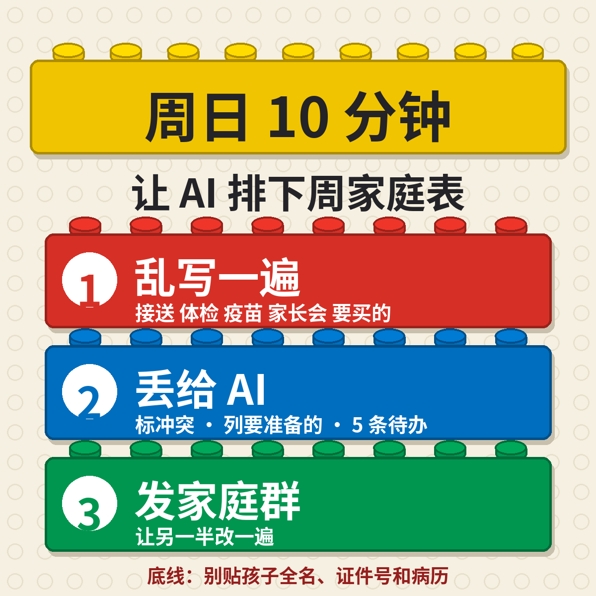 bubu0522's tweet photo. 带娃家庭每周日晚上，我推荐花 10 分钟这么用 AI：

1. 在备忘录里乱写下周的事：接送、体检、疫苗、家长会、要买的东西
2. 丢给 AI：「帮我排成一周表，标出时间冲突，列出要提前准备的，最多 5 条」
3. 结果发家庭群，让另一半改一遍

底线：别贴孩子全名、证件号和病历，写「宝宝」「某医院」就够了。

AI 排得比我快，但哪天谁去接，还得两口子商量。
你家的周计划，现在是谁在管？