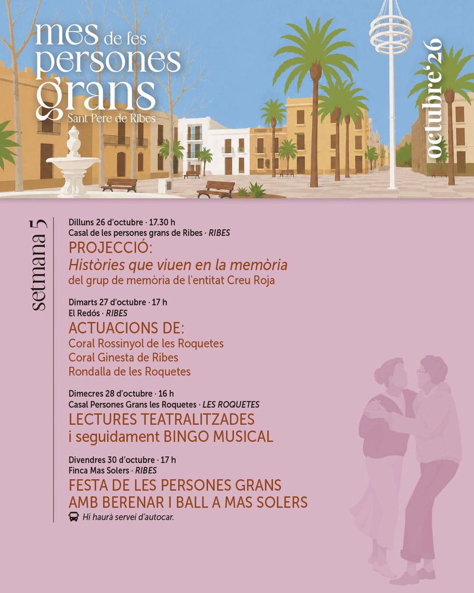 santperederibes's tweet photo. 👵👴 TORNA AQUEST OCTUBRE EL MES DE LES PERSONES GRANS!
🗓️ Del 2 al 30 d’octubre
ℹ️ Inscripcions gratuïtes als Casals de Ribes i les Roquetes.
🎤🎭 Hi haurà espectacles, cinema, bingo musical, classes, teatre i festes! 🎬🎉
🖱️ https://t.co/WMP5NWtCFk
#MesPersonesGrans
#SPRibes https://t.co/i1heXAD0Mn