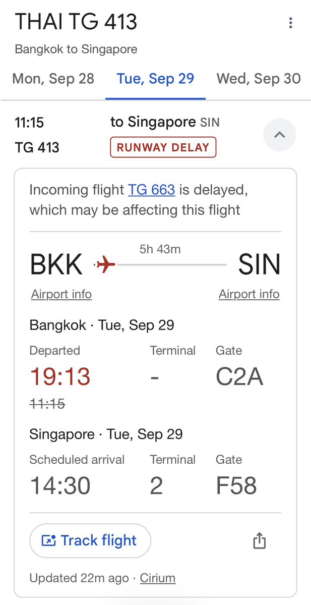 manopsi's tweet photo. บางที TG ประกาศยกเลิกแล้วหา flight ใหม่ให้ผู้โดยสารที่โดน delay โคตร ๆ แบบนี้เหอะ บินแค่ SIN เจอเลื่อนบิน 7-8 ชม หา SQ ให้เขาบินเผลอ ๆ ถึงแล้ว TG ยังไม่ออกจากสุวรรณภูมิเลย 😑 (เมื่อเพื่อนเพิ่งหลังไมค์มาถามเพราะจะบิน TG401 อยู่สนามบินไม่มีใครแจ้งให้เขารับทราบเลย) https://t.co/O8CzbW5GVy