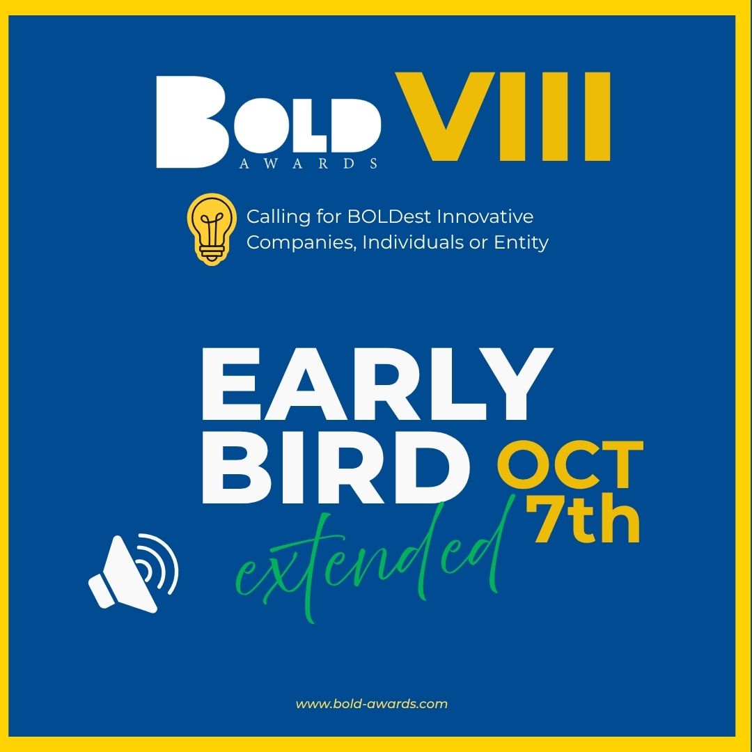 Bold_Awards's tweet photo. Great news: the BOLD Awards VIII early bird is extended to October 7.

More time to put your work on the record. 12 categories open.

Submit now at 👉 https://t.co/RStPKb1Cw6

#beBOLD #BOLDAwards #Innovation #Leaders https://t.co/71cEUHgadD