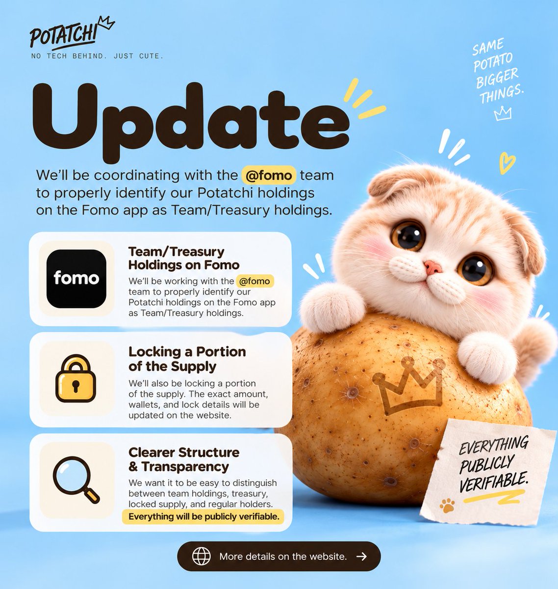 PotatchiUpdates's tweet photo. Another good step forward for robinhood:0xfad17d7cc41d9c9ca4a459da798a4446dd217974. 💚

The team is working on making the holdings easier for everyone to understand and verify, including properly identifying the Team/Treasury wallets on Fomo and locking a portion of the supply. 🔒

Once finalized, the wallet and lock details will be available publicly for anyone who wants to check them.

Love seeing the project continue to improve transparency as the community grows. 🤝🥔

More updates soon. - @heypotatchi 🐾