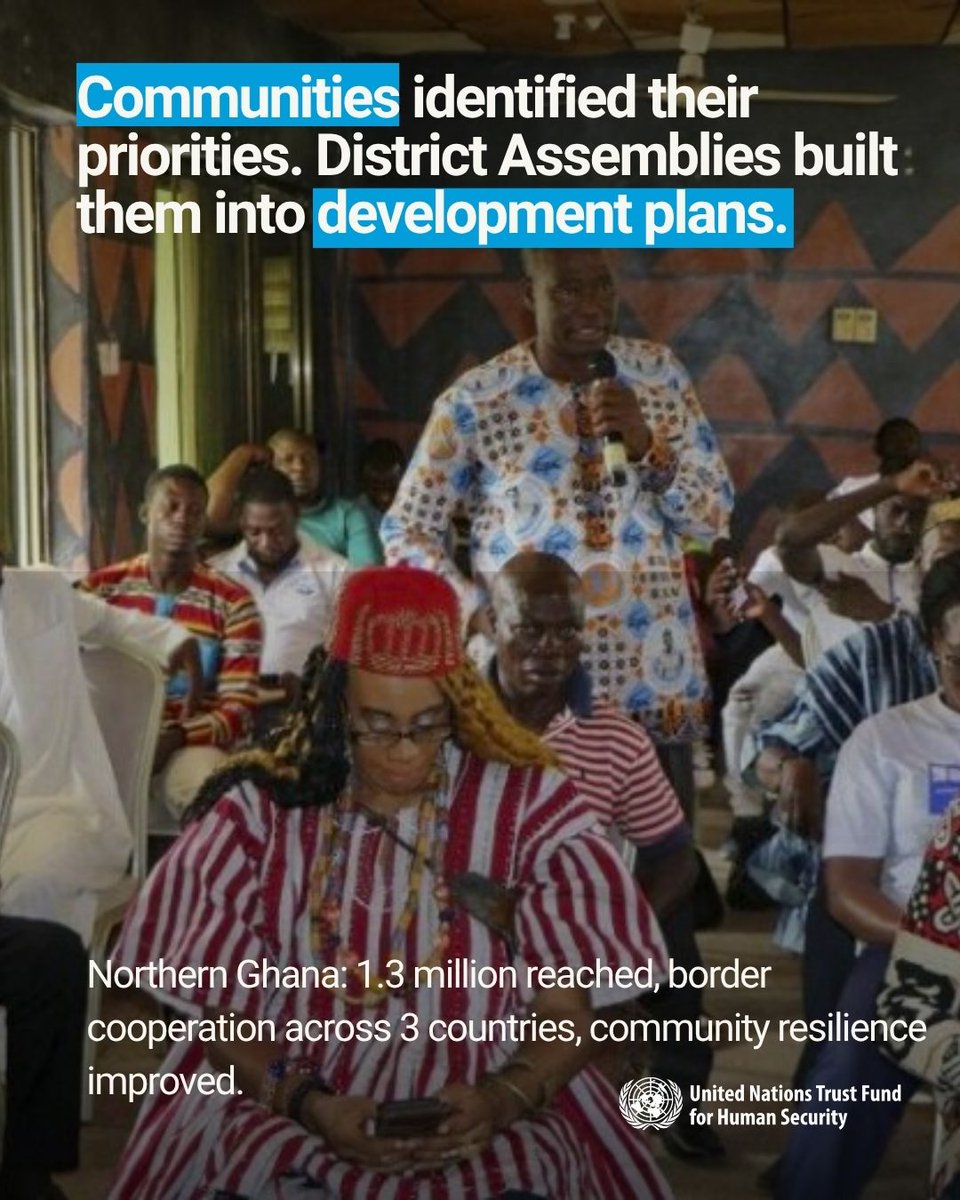 UNhumansecurity's tweet photo. #UNGA81: interconnected risks demand interconnected responses. In northern Ghana, #UNTFHS puts this into practice. Among the results: 1.3M+ reached, local priorities in district plans, 10 boreholes for ~400 farmers, &amp; 384 with livelihood skills. Tangible results. Lasting impact. https://t.co/fd1qFQXiY3