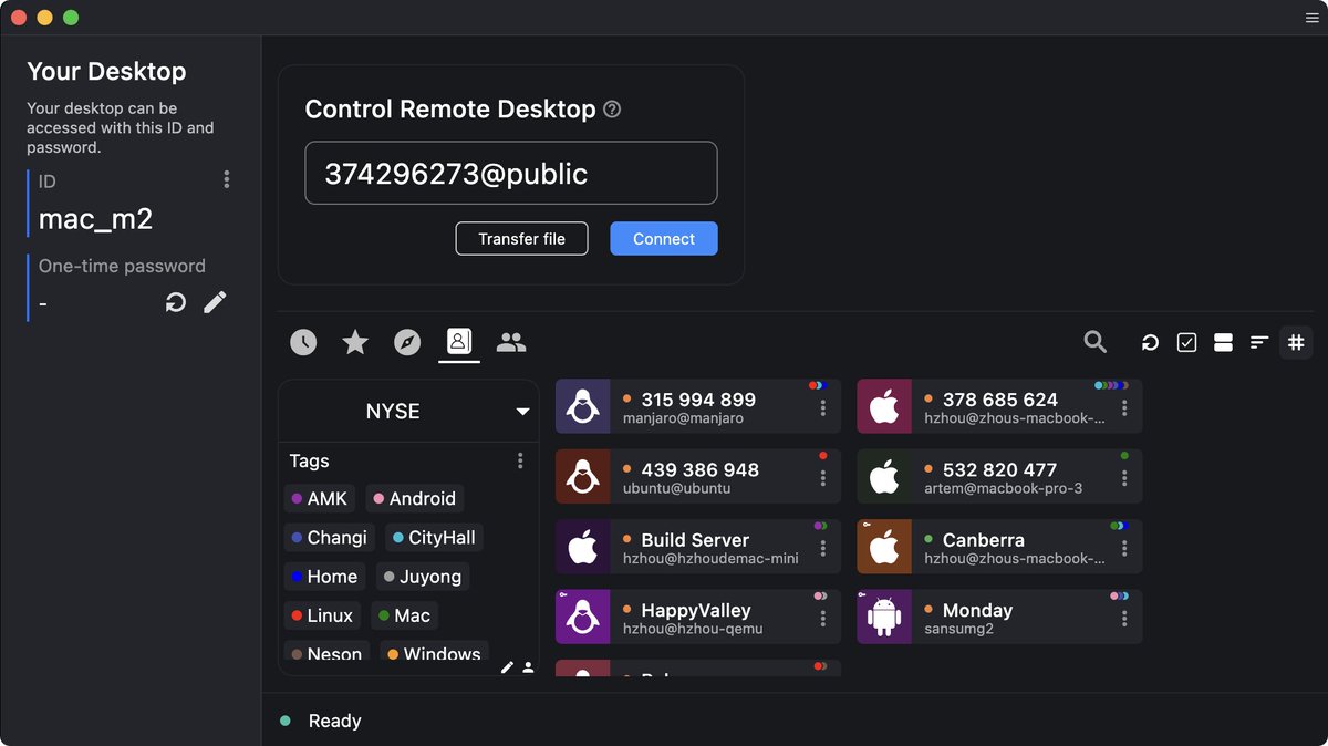 MOulitzky's tweet photo. Great opensource project RustDesk, a self-hosted TeamViewer alternative.

You get remote desktop with your own relay server instead of routing through someone else's cloud. It works on Windows, Mac, Linux, Android and iOS, and you can run the server with Docker.

The benefit is that you don't build remote desktop from zero and you're not locked into a paid plan when you need more connections. You can read the code, change the UI, and keep the control traffic on your machine.

https://t.co/HRiHa6kXr1