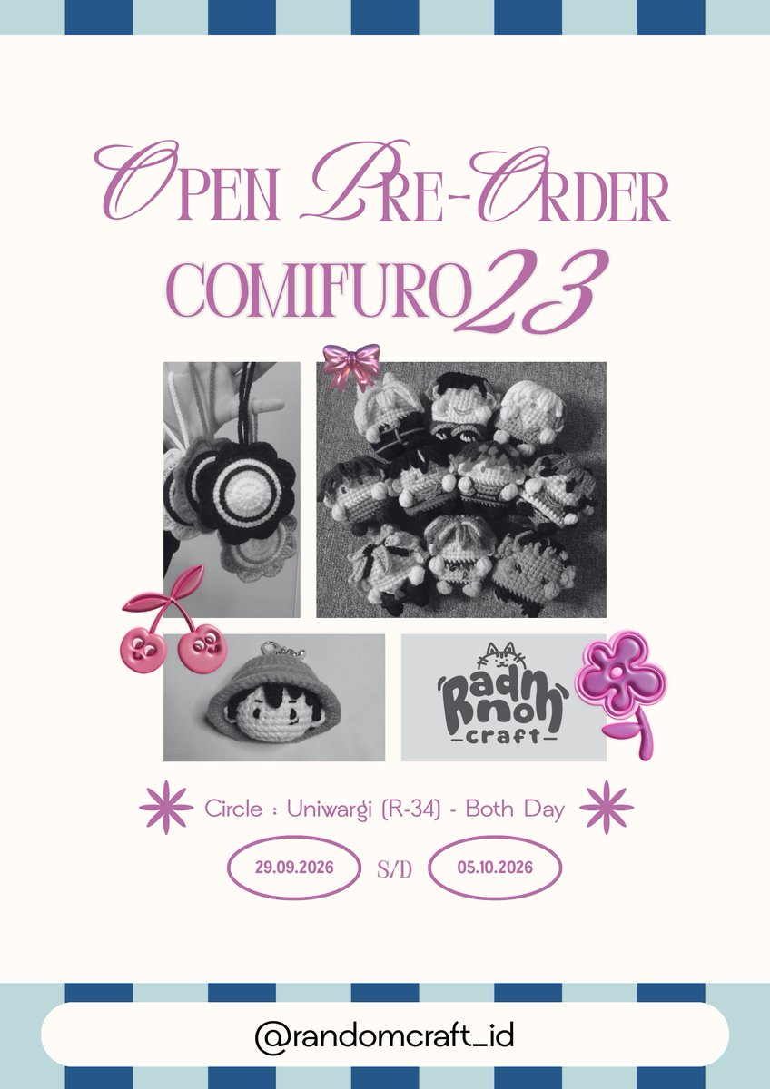 randomcraft_id's tweet photo. 🔁 &amp; 💙 very appreciate ♡´･ᴗ･`♡

Hai Hai semua~~
Randomcraft_id Open PO untuk #CF23 yeayy🥳

🎏 Circle Uniwargi booth R-34
📅 29 Sept- 05 Okt 2026
📦 Pickup (Both Day) &amp; Mail Order
🔖 Pandavva, Versa, Haikyuu, &amp; One Piece

Link PO ada di reply⤵️⤵️

#CF23Catalog #Comifuro23 https://t.co/dpGnpNZaPH