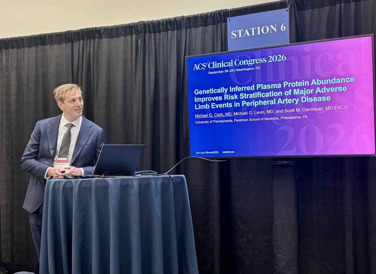 pennsurgery's tweet photo. Micheal Clark presented compelling work from the @damrauer lab on risk stratification in peripheral arterial disease at the American College of Surgeons Clinical Congress. #ASCCC26 https://t.co/ZGI9N2WD6F