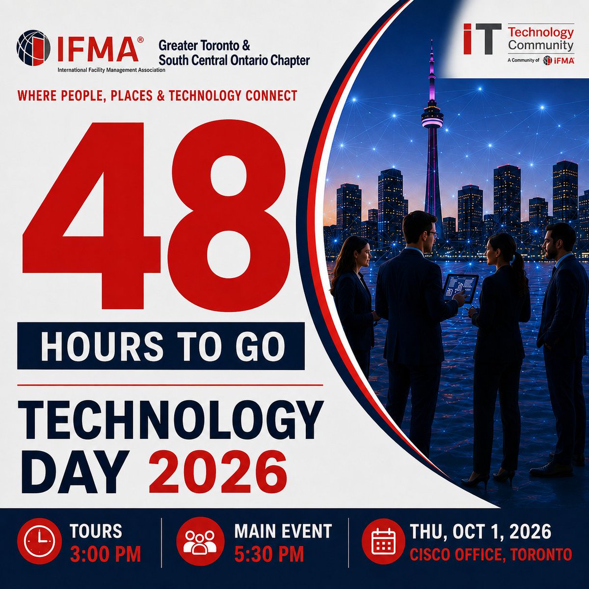 IFMAToronto1's tweet photo. Technology Day 2026 is just 48 hours away. Join us at Cisco Toronto for workplace innovation, practical insights and industry connections. Register: https://t.co/0AqVnMCrVg 

#TechnologyDay2026 #IFMAToronto #FacilityManagement #WorkplaceTechnology https://t.co/ndrCu6FLLO