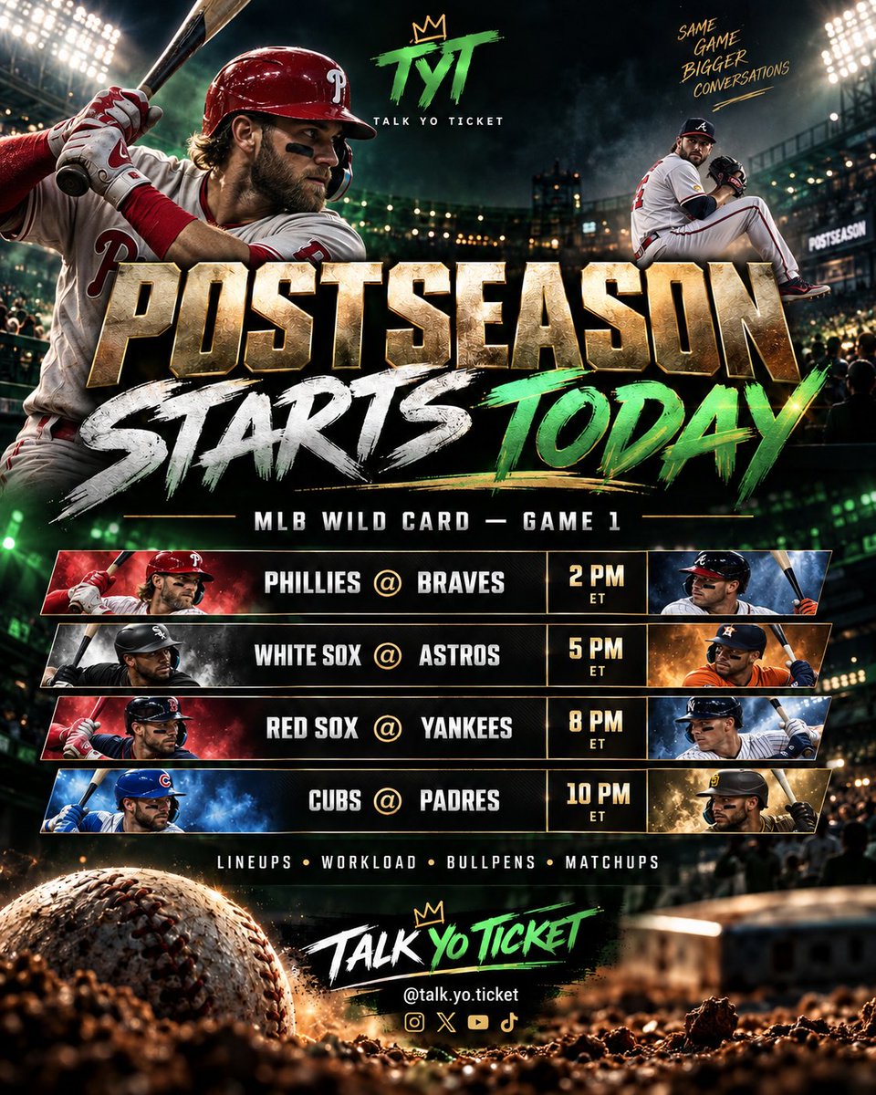 Talk_Yo_Ticket's tweet photo. POSTSEASON BASEBALL STARTS TODAY. βΎπ₯
2 PM β PHI/ATL
5 PM β CWS/HOU
8 PM β BOS/NYY
10 PM β CHC/SD
Four Wild Card Game 1s. Lineups. Workload. Bullpens. Matchups. Live info.
Full lab inside TYT. π
#TalkYoTicket #MLBPlayoffs https://t.co/Eu5qXzX4DE