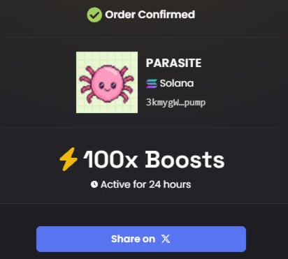 parasitedotfun's tweet photo. The colony just got louder

100x boosts on DexScreener, live for 24 hours
solana:3kmygWKZBkCYrgZHKfiuB9UFKTcDLTFFsKo3BWpmpump is on the trending board, every trade in the colony keeps burning the hosts

New here? https://t.co/YMNSDgKm63

Where do we land by tonight? https://t.co/bCta3iWyXH