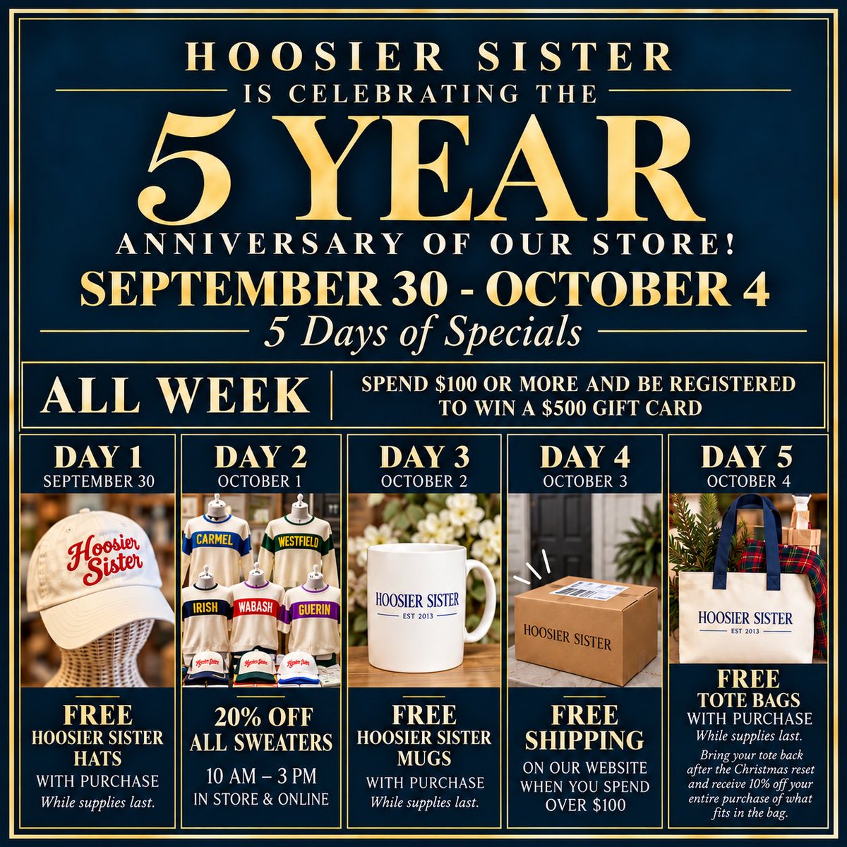 HoosierSister's tweet photo. Five years of Hoosier Sister — and we’re celebrating for FIVE DAYS! 🎉🥳

Join us September 30–October 4 for our 5 Year Anniversary Celebration, with a different special each day, both in store and on https://t.co/Fk5bbueOiQ https://t.co/fW9kWJrzke