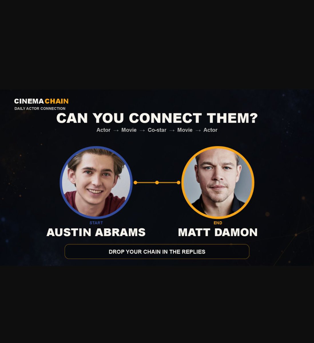 cinemachaingame's tweet photo. Can you connect Austin Abrams to Matt Damon? π¬
Drop your Cinema Chain in the replies. New movie connection challenge every day at https://t.co/Wn6bmQugj6
#AustinAbrams #MattDamon #CinemaChainGame #MovieTrivia #FilmTwitter https://t.co/fmsk3VWyv6