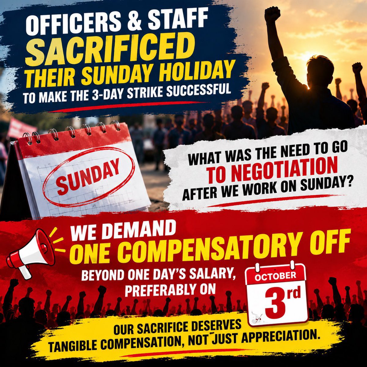 NigamBrahmbhatt's tweet photo. Officers &amp; staff sacrificed their Sunday to ensure the 3-day strike’s success. 1 day salary alone is not sufficient. We deserve one compensatory off, preferably on 3rd oct. Our contribution deserves tangible compensation, not merely appreciation. @aiboc_in @UFBUIndia @rupamsmail https://t.co/YYHwGqAEQc