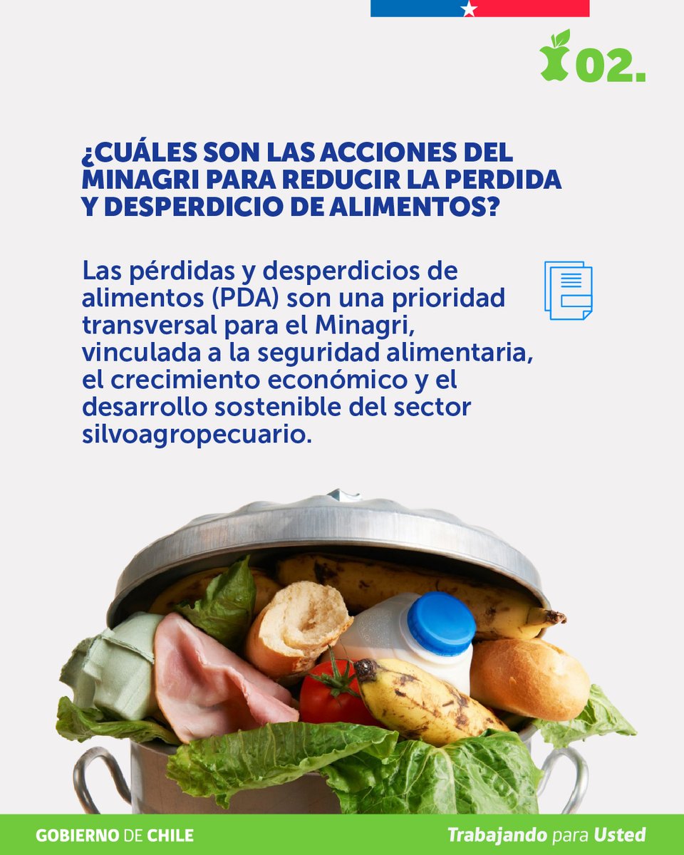 MinagriCL's tweet photo. 🍎 ¿Sabías que 1 de cada 3 alimentos se pierde o desperdicia?

Reducir las pérdidas y desperdicios de alimentos es clave para avanzar hacia un sistema alimentario más sostenible y fortalecer nuestra seguridad alimentaria 🌱

Desde el @MinagriCL impulsamos distintas acciones para prevenir y reducir la pérdida y desperdicio de alimentos a lo largo de toda la cadena alimentaria, promoviendo innovación, tecnología, educación y coordinación.