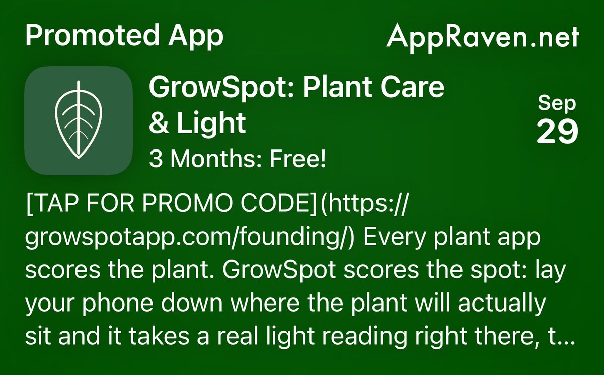 AppRaven's tweet photo. 🎁 Today's App Deal - September 30th 🎁

GrowSpot: Plant Care &amp; Light
3 Months: Free!

Get it while you can!

👉 https://t.co/X8LjMWbpqL

📆 Repost &amp; Follow for new deals every day!

#Apple #AppStore #Deals #Discount #iPhone #Apps #iOS https://t.co/1mlG9EmBOM
