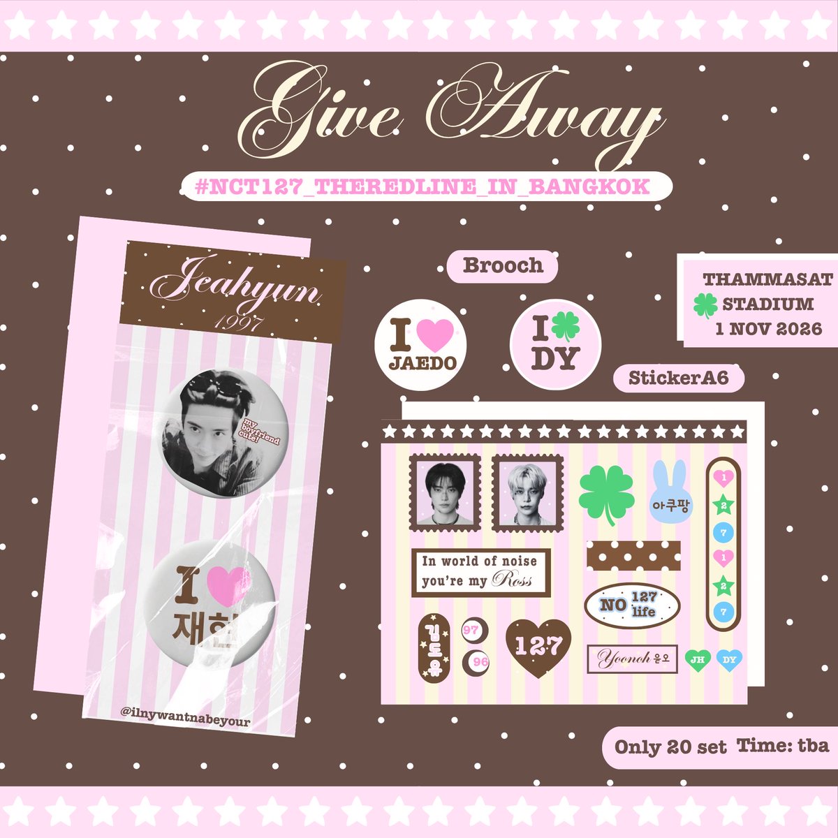 linywantnabeyou's tweet photo. Please kindly rt 💧
🏠 * giveaway เดอะ เรด ไลน์ อิน บีเคเค  ( 💬🤎! )

🐰— pink and brown pokadoll sticker - brooch cute 1OO % only 20 ea. ⭐️🍀💘

date : 1 Nov 2026
location : thammasat stadiums 
time : tba

#THE_REDLINE_BANGKOK 
#NCT127_5TH_NEOCITY_BANGKOK_THE_REDLINE https://t.co/g6ApRqGgJq