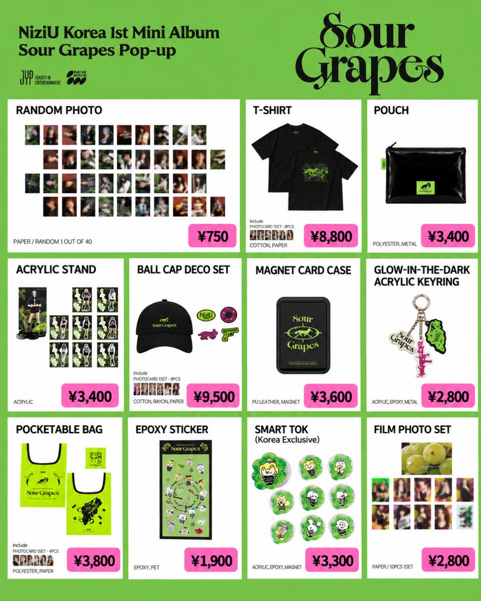 PyonNyan's tweet photo. NiziU Korea 1st Mini Album
「Sour Grapes」POP-UP

 韓国限定 POP-UP OFFICIAL  MD 
  ⚠️10月3日〆切   
グッズの購入代行ご注文受付中です🐰     

各商品、代行費込みの金額で記載  
（送料は2次入金）     
※購入後のキャンセル不可
 ご希望の商品がございましたら、  DMください(^^) https://t.co/uDfCala4Hk