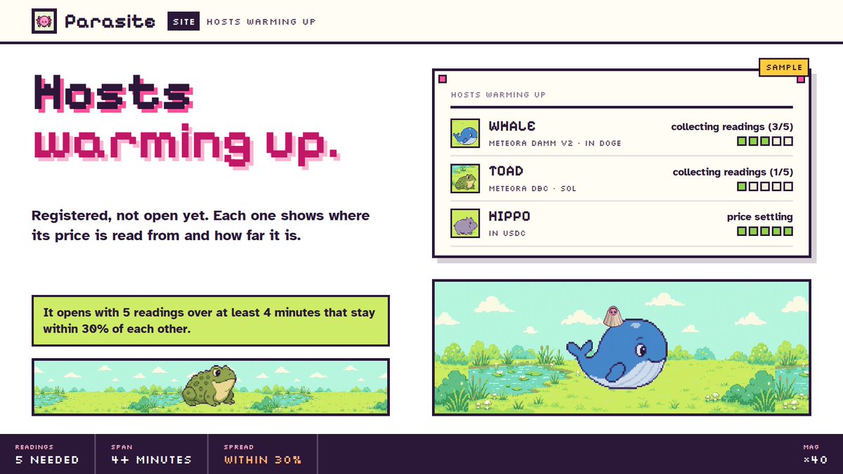 parasitedotfun's tweet photo. A new host doesn't take launches right away. Until it does, it sits in Hosts warming up on the front page.

Each row shows where its price is read from and a status: collecting readings, with a count out of 5, or price settling.

It opens once it has 5 readings over at least 4 minutes that stay within 30% of each other.