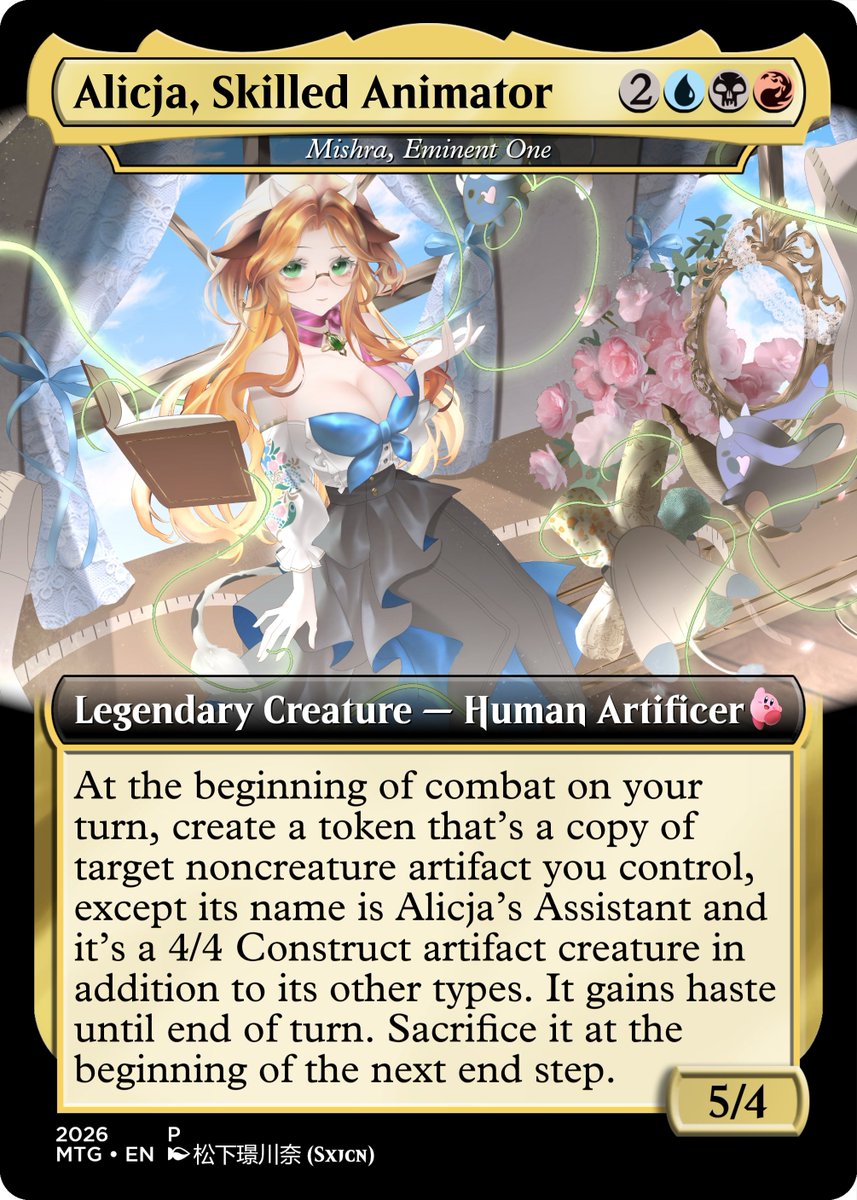 Kyubikirby's tweet photo. I got several requests at offkai to make a card of @AlicjaDaLontano , so now I have made her as the precon Mishra. the card animates your non-creature artifacts, which matches well with her penchant for Rigging. amazing art by 松下��川奈 (Sxjcn).

#MuuchArt
#MtVtuber https://t.co/k8DzjlQuiy
