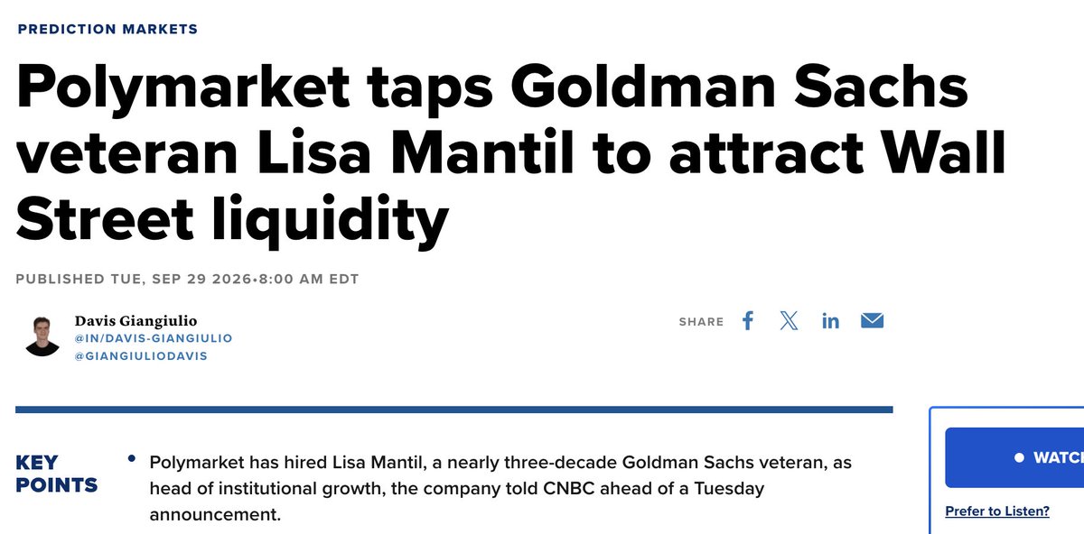 shayne_coplan's tweet photo. Super excited to announce that Lisa Mantil has joined Polymarket to grow our Institutional business.

Polymarket is only the second job of Lisa's career. She spent 27 years at @GoldmanSachs rising through the ranks to Partner, where her specialty was understanding what institutional clients needed and building the financial products to deliver it. That's the sauce she's bringing to Polymarket, and we're grateful to have her.

If you're interested in taking large size in any event contract relevant to your business or portfolio, DM me or email institutional@polymarket.com.

Thank you to Cyril and @DavidSolomon for the intro and recommendation. Onwards.