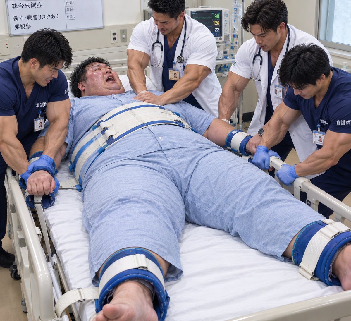 Hs1Ur's tweet photo. 大学病院の看護師です

救命救急科には様々な患者が搬送されますが、精神科の患者も入院しています

以前、生活費が無くなって自暴自棄？？になり🚃に飛び込んだ生活保護が緊急入院しましたが、まあ大暴れ💦（統合失調症あり）

私を含め、男性看護師２人・救急救命医２名でやっと拘束できました https://t.co/HLMYSve7f2