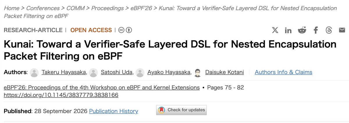 takemioIO's tweet photo. I gave a presentation at eBPF'26(co-located SOSP)
It's on "Kunai", a tool I developed that consists of a compiler, featuring a DSL specialized for packet capture.
The paper is free accssible, so please check out!
https://t.co/IZLTOJFHGi https://t.co/HFUmTbkEac