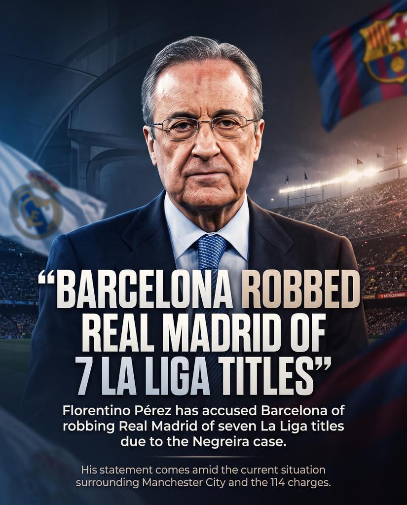 samipress's tweet photo. 😳  Florentino Perez has accused Barcelona of robbing Real Madrid of 7 La Liga titles due to the Negreira case.

Florentino has made this statement amid the current situation Manchester City is facing with the 114 charges. https://t.co/BwtyVAhIni