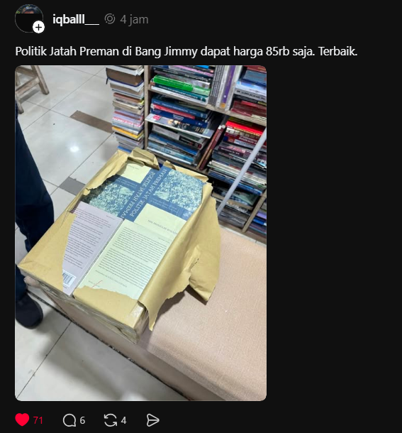 vineyardslv's tweet photo. Ada yg blm kedapetan Politik Jatah Preman?? Yg di Jakarta bisa nih lgsg ke Bang Jimmy. Di reseller langganan gue jg ada yg mash open: @DenasyaBookshop @tilikbuku.
#wargabantuwarga WKKWKWKWK. https://t.co/aEbLiNAQ3r