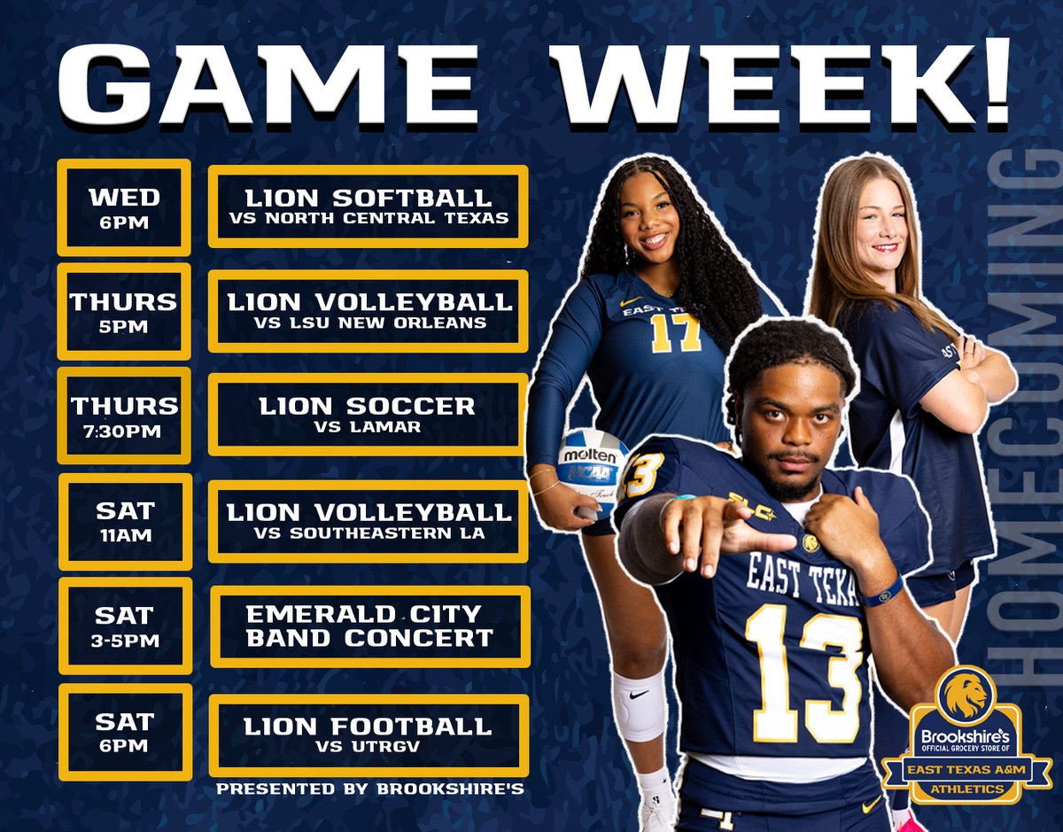 Lion_Athletics's tweet photo. A busy homecoming week in Northeast Texas, we hope to see you at the games! #HailET 

🎟️: https://t.co/rMXTJQ3UYy https://t.co/cDOGBorm6u