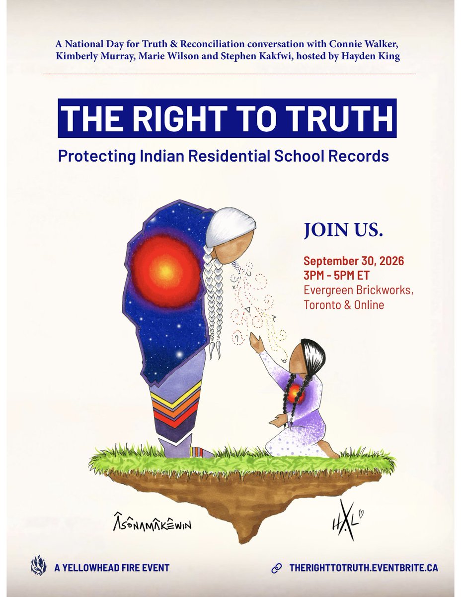 CUPEOntario's tweet photo. In Fall 2027, the largest archive of Indian Residential School Survivor records is set to be destroyed by order of the Supreme Court of Canada. 

This September 30th, on National Day for Truth & Reconciliation, the Indian Residential School Records Project (IRSR) project is hosting an event in collaboration with the Yellowhead Institute to discuss the right to truth and how the history of residential schools should be documented and managed. 

In the context of rising residential school denialism, this event is being held at an urgent and critical moment. 

Connie Walker (Investigative Journalist; Assistant Professor, Velma Rogers Research Chair, TMU), Kimberly Murray (Special Interlocutor for Missing Children and Unmarked Graves and Burial Sites; Associate Professor, Queen's), Marie Wilson (TRC Commissioner, 2009 - 2015), and Stephen Kakfwi (Survivor, former NWT Premier) in conversation with Hayden King (Executive Director, Yellowhead Institute) will discuss: What is at stake if we lose Survivor records? 

Location: Evergreen Brickworks, Toronto & Online
Registration Required: for more details, visit https://t.co/Qw3D46dvNS