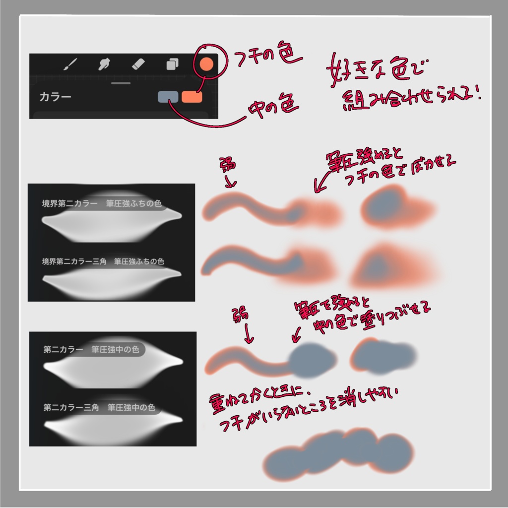 procrebrushman's tweet photo. 影のフチにじわっと暖色を入れたいときに。

中の色とフチの色を別々に選んで、ひと筆で塗れるプロクリのブラシです。

画像の上2本は、筆圧を強めるとフチの色でぼかせます。下２本は筆圧を強めると中の色だけになるので、フチの色がいらないときはぐりぐり塗りつぶせます。フチがつながるバージョンもあります。