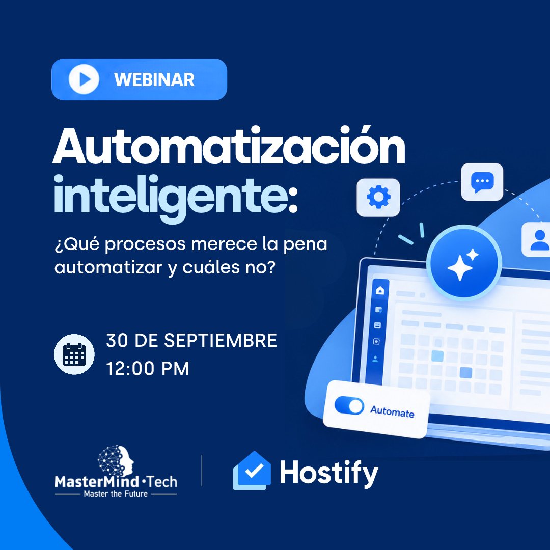 Hostifycom's tweet photo. Last chance to join us tomorrow! 🤖

What should you automate, and what should you leave to people?

Join Hostify + MasterMind · Tech for a practical conversation on smarter automation in property management.

📅 Sep 30 | 12 PM Madrid | 🇪🇸 Spanish

👉 https://t.co/wvToGzR5VK https://t.co/k6JA1iZSzU