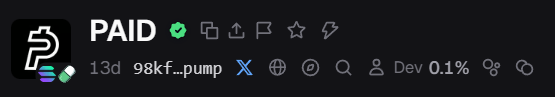 27tipopiski's tweet photo. PAID coin
solana:98kfF7rmsg1QDUEoCqNE7g7M1FdrTt92TEp2CLzypump 
98kfF7rmsg1QDUEoCqNE7g7M1FdrTt92TEp2CLzypump 
ATH $56.4M
NOW $12M 
Will this cryptocurrency bounce back and return to a $50 million market cap? https://t.co/Cl0ptAsBug