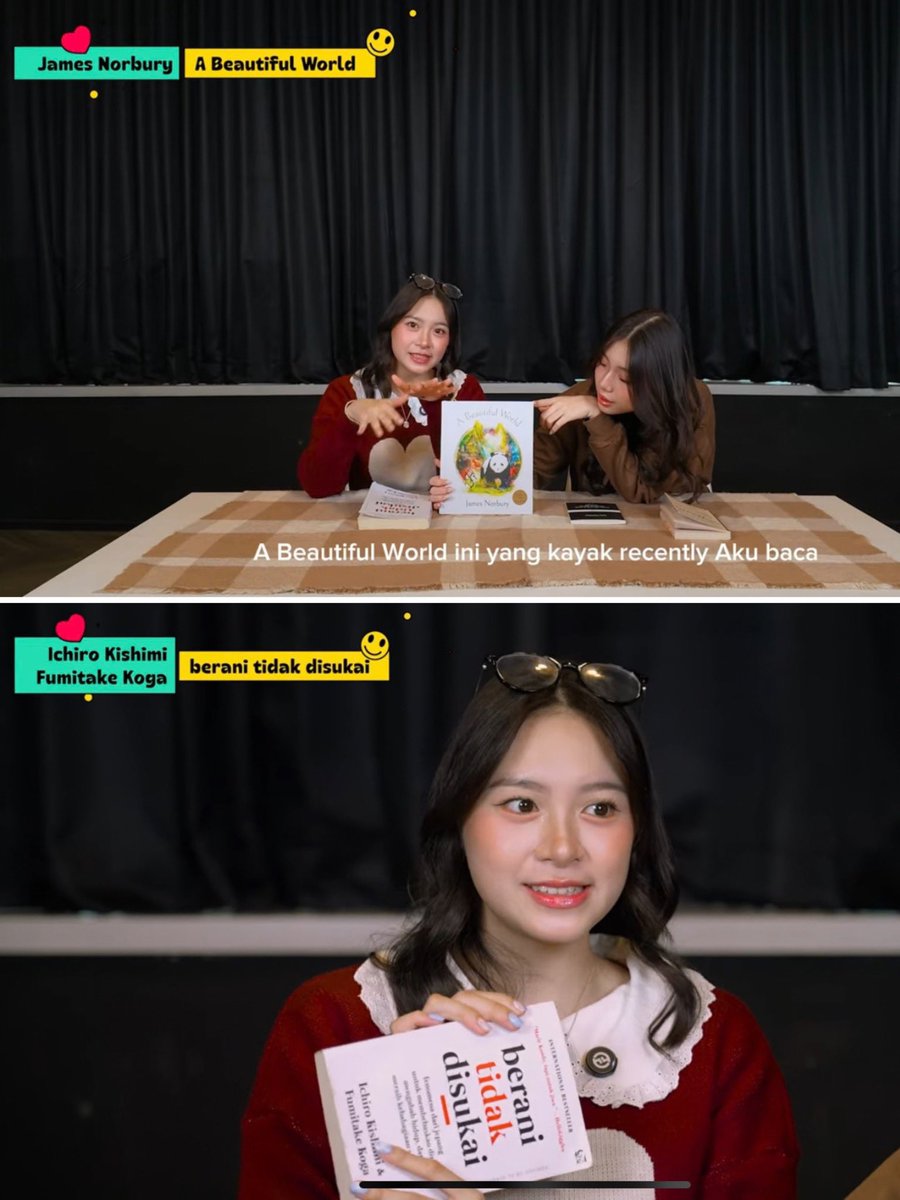 Oldschools_'s tweet photo. Buku yang dibawa Lily (@Lily_JKT48) di konten JKT48 TV 📚✨

• A Beautiful World - James Norbury
(Cerita bergambar yang hangat & nenangin, ngajarin buat bersyukur & liat hal positif)

• Berani Tidak Disukai - Ichiro Kishimi & Fumitake Koga
(Psikologi santai biar ga people pleasing & belajar self-love)

#Os48 #LilyJKT48