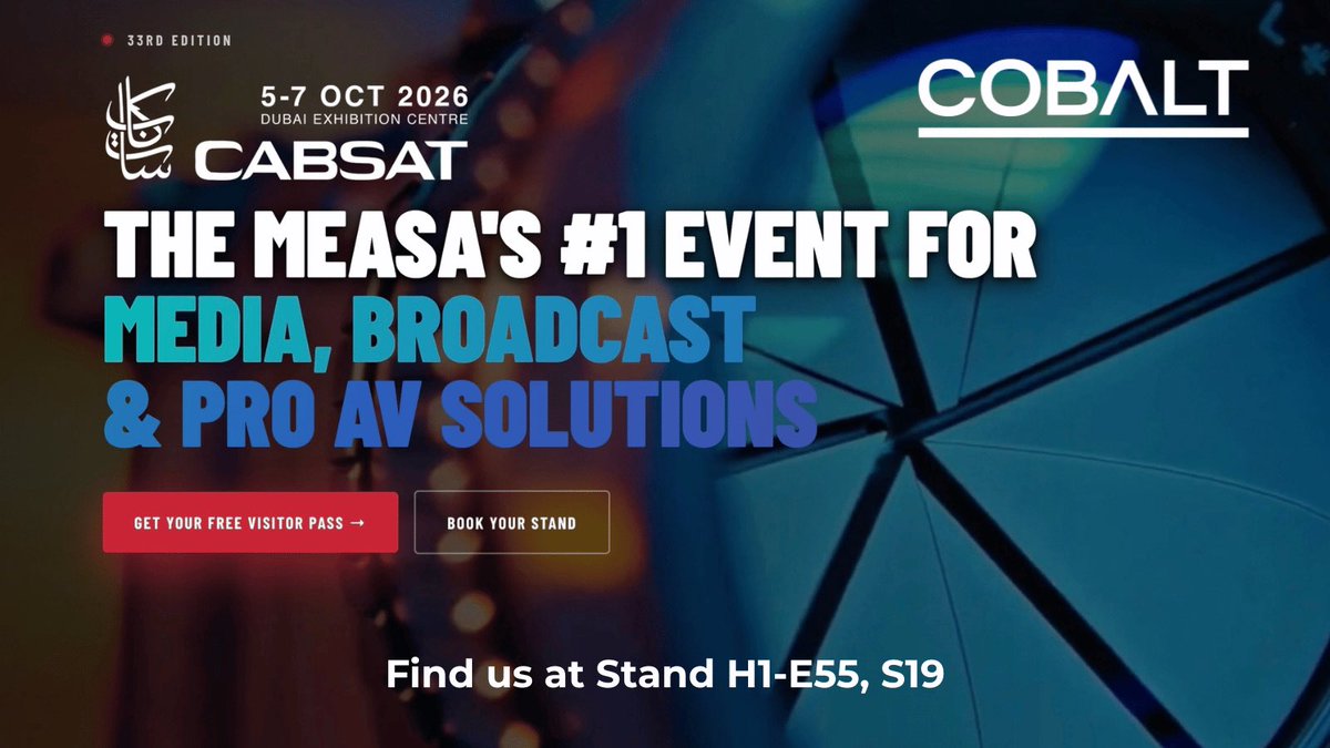 CobaltDigital's tweet photo. Next week, we're heading to Dubai for #CABSAT2026. See our #IPMX workflow on Stand H1-E55, S19, 5–7 October at Dubai Exhibition Centre. Get your free visitors pass here ➡️ https://t.co/R2BFfVBC6f We'd love to see you!
#Broadcast #ProAV https://t.co/Dubfmk4y28