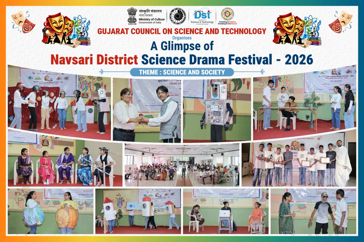 InfoGujcost's tweet photo. 🧪🎭 રાષ્ટ્રીય વિજ્ઞાન નાટક મહોત્સવ (NSDF) ૨૦૨૬–૨૭ | જિલ્લા કક્ષાની સ્પર્ધા

તા. ૨૯ સપ્ટેમ્બર ૨૦૨૬ના રોજ ગુજરાતના ૭ જિલ્લાઓમાં NSDF ૨૦૨૬–૨૭ની જિલ્લા કક્ષાની સ્પર્ધાઓનું સફળ આયોજન કરવામાં આવ્યું.

🎭 કુલ ૩૮ ��ીમોની ભાગીદારી

🔹 ખેડા – ૧૩
🔹 નવસારી – ૮
🔹 તાપી – ૫
🔹 વડોદરા – ૧૨

“વિજ્ઞાન અને સમાજ (Science & Society)” થીમ હેઠળ વિદ્યાર્થીઓએ AI, EV, Interstellar Habitats અને Restoring Oceans જેવા સમકાલીન વિષયો પર સર્જનાત્મક વિજ્ઞાન નાટકો રજૂ કર્યા.

નાટ્યકળાના માધ્યમથી વિજ્ઞાનને સરળ, રસપ્રદ અને લોકભોગ્ય બનાવી વૈજ્ઞાનિક અભિગમ, સર્જનાત્મકતા અને સામાજિક જાગૃતિને પ્રોત્સાહન આપવાનો આ મહત્વપૂર્ણ પ્રયાસ રહ્યો.

આ આયોજન ગુજરાત સરકારના વિજ્ઞ��ન અને પ્રૌદ્યોગિકી વિભાગ અંતર્ગત GUJCOST દ્વારા NCSM, ભારત સરકારના સહયોગથી કરવામાં આવ્યું.

તમામ સહભાગી વિદ્યાર્થીઓ, શાળાઓ, શિક્ષકો, CSC ટીમો અને આયોજકોને અભિનંદન! 👏

#NSDF2026 #ScienceAndSociety #GUJCOST #ScienceDrama #NCSM #Gujarat

@CMOGuj 
 
@arjunmodhwadia 
 
@dstGujarat 
  
@InfoGujarat