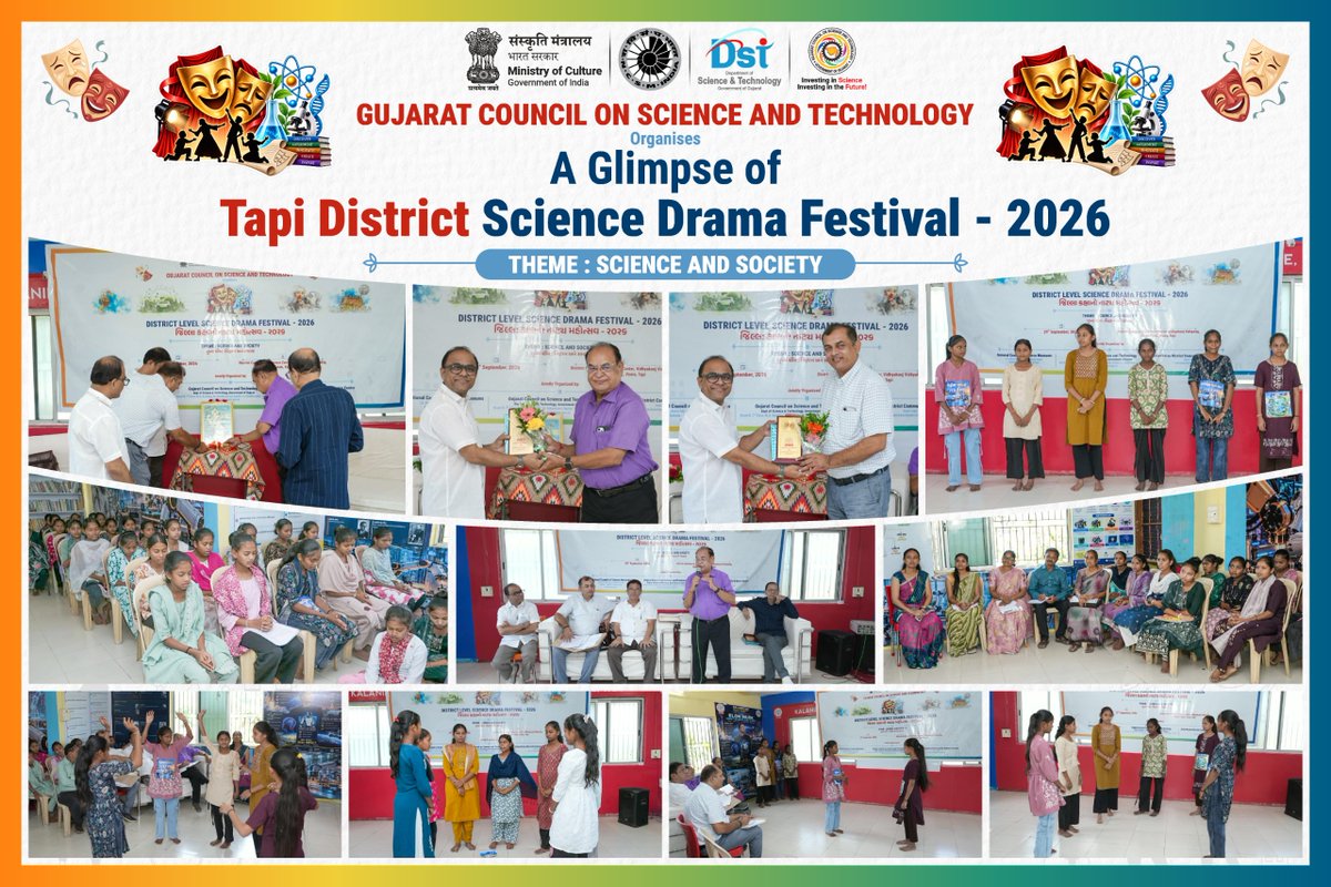 InfoGujcost's tweet photo. 🧪🎭 રાષ્ટ્રીય વિજ્ઞાન નાટક મહોત્સવ (NSDF) ૨૦૨૬–૨૭ | જિલ્લા કક્ષાની સ્પર્ધા

તા. ૨૯ સપ્ટેમ્બર ૨૦૨૬ના રોજ ગુજરાતના ૭ જિલ્લાઓમાં NSDF ૨૦૨૬–૨૭ની જિલ્લા કક્ષાની સ્પર્ધાઓનું સફળ આયોજન કરવામાં આવ્યું.

🎭 કુલ ૩૮ ��ીમોની ભાગીદારી

🔹 ખેડા – ૧૩
🔹 નવસારી – ૮
🔹 તાપી – ૫
🔹 વડોદરા – ૧૨

“વિજ્ઞાન અને સમાજ (Science & Society)” થીમ હેઠળ વિદ્યાર્થીઓએ AI, EV, Interstellar Habitats અને Restoring Oceans જેવા સમકાલીન વિષયો પર સર્જનાત્મક વિજ્ઞાન નાટકો રજૂ કર્યા.

નાટ્યકળાના માધ્યમથી વિજ્ઞાનને સરળ, રસપ્રદ અને લોકભોગ્ય બનાવી વૈજ્ઞાનિક અભિગમ, સર્જનાત્મકતા અને સામાજિક જાગૃતિને પ્રોત્સાહન આપવાનો આ મહત્વપૂર્ણ પ્રયાસ રહ્યો.

આ આયોજન ગુજરાત સરકારના વિજ્ઞ��ન અને પ્રૌદ્યોગિકી વિભાગ અંતર્ગત GUJCOST દ્વારા NCSM, ભારત સરકારના સહયોગથી કરવામાં આવ્યું.

તમામ સહભાગી વિદ્યાર્થીઓ, શાળાઓ, શિક્ષકો, CSC ટીમો અને આયોજકોને અભિનંદન! 👏

#NSDF2026 #ScienceAndSociety #GUJCOST #ScienceDrama #NCSM #Gujarat

@CMOGuj 
 
@arjunmodhwadia 
 
@dstGujarat 
  
@InfoGujarat