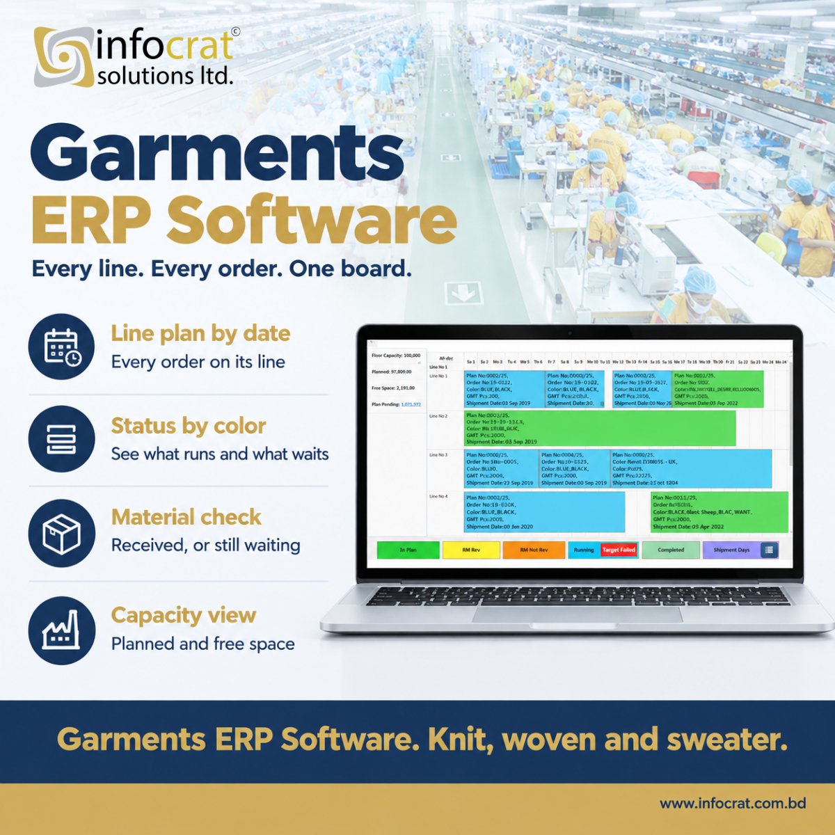 ESimSol's tweet photo. Which line is free next week? Which order is still waiting for fabric? ESimSol Garments ERP shows every line and every order on one color coded planning board. https://t.co/ZG6cfVWvS3

#GarmentsERP #TextileERP #RMGBangladesh #GarmentsIndustry #Bangladesh https://t.co/xKRNsu2qCv